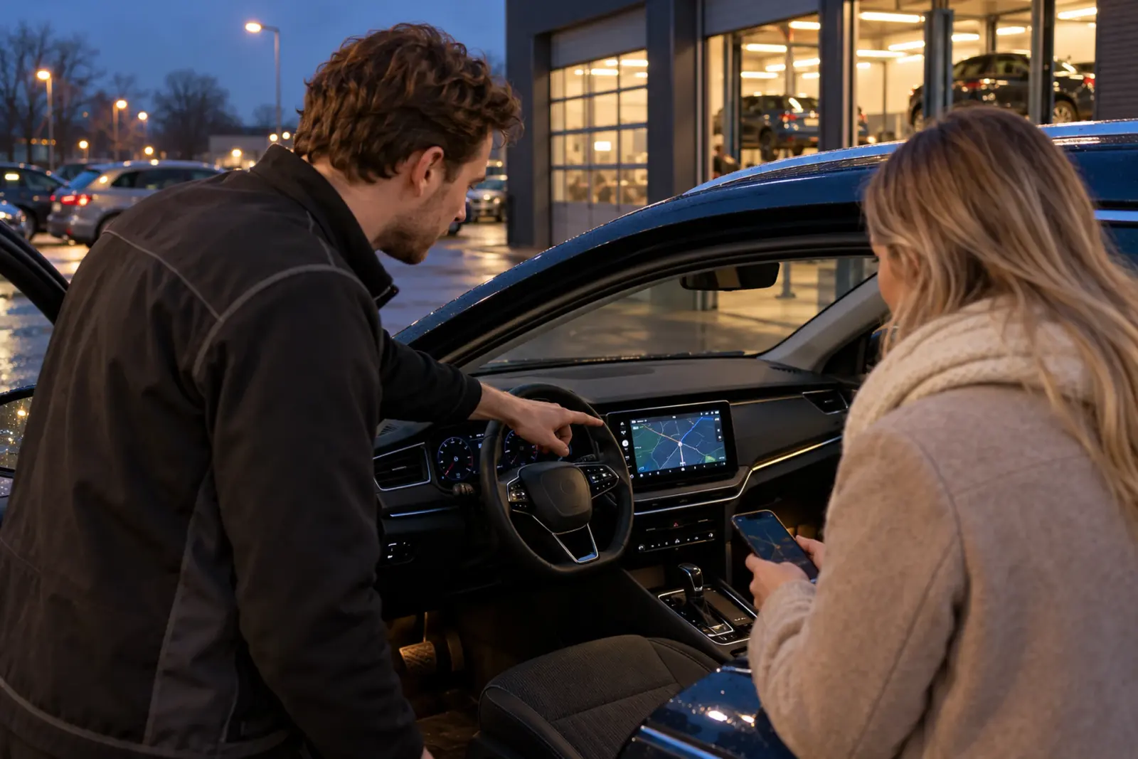 Monteur wijst bij de open autodeur naar het nieuwe scherm in het dashboard, de klant houdt haar Android-telefoon vast