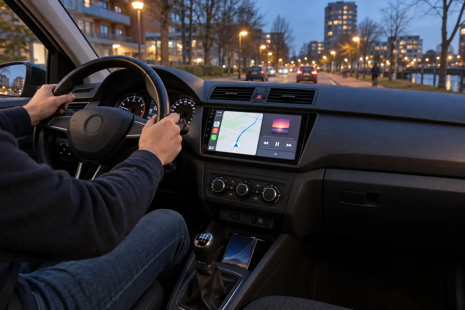 Resultaat van Android Auto bestellen met montage: bestuurder met navigatiekaart en muziek op het ingebouwde touchscreen, de telefoon ligt in de middenconsole