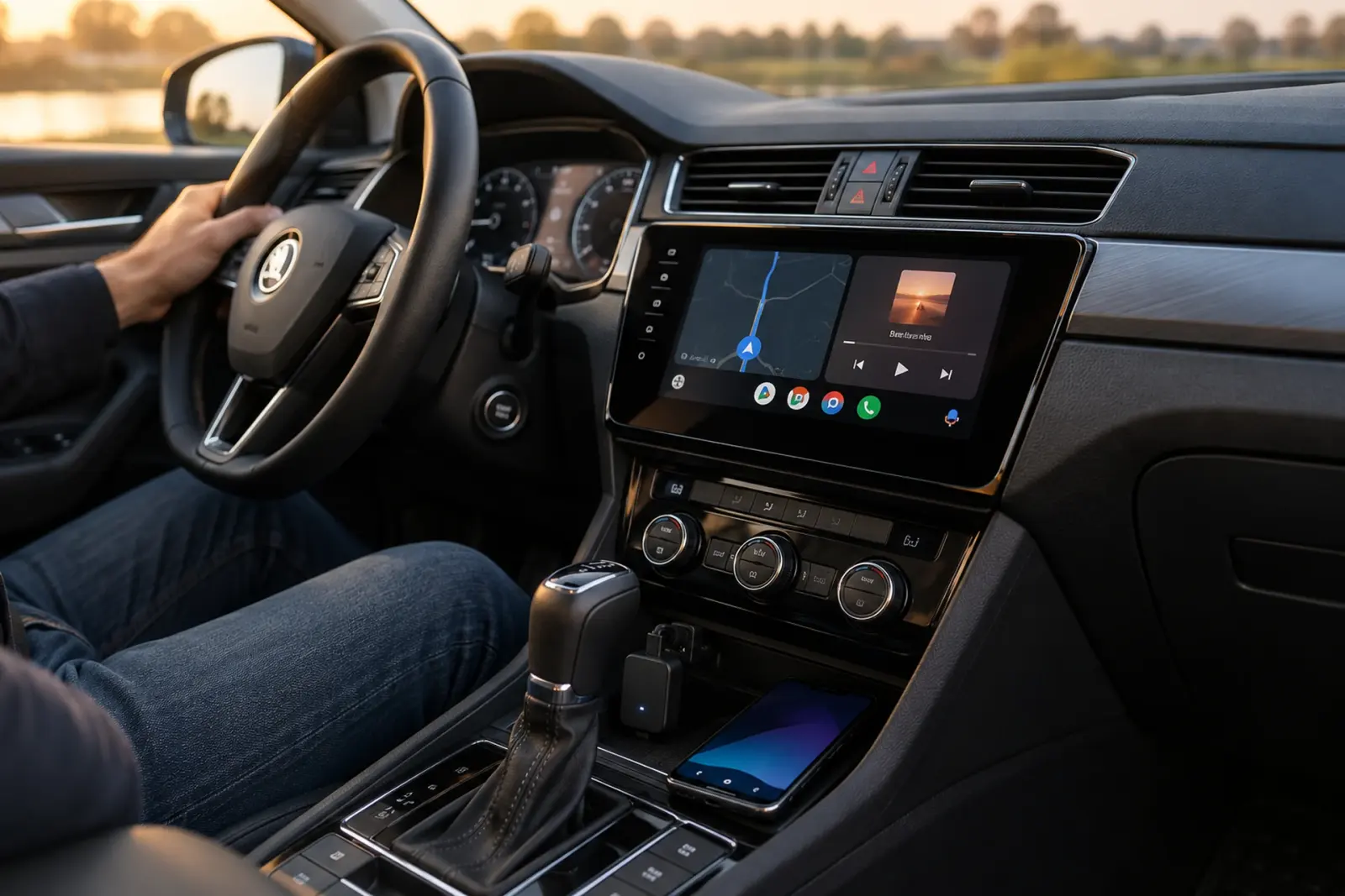 Kleine Android Auto dongle met lampje in de middenconsole naast de telefoon, het scherm toont de navigatie