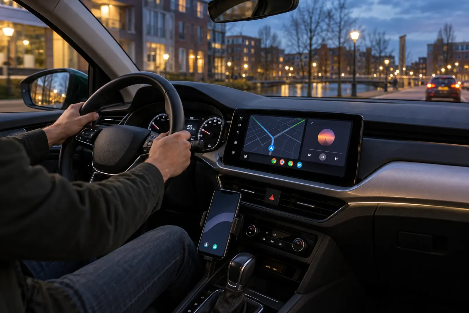 Draadloos Android Auto via een dongle: navigatie en muziek op het dashboardscherm terwijl de telefoon zonder kabel in de houder ligt