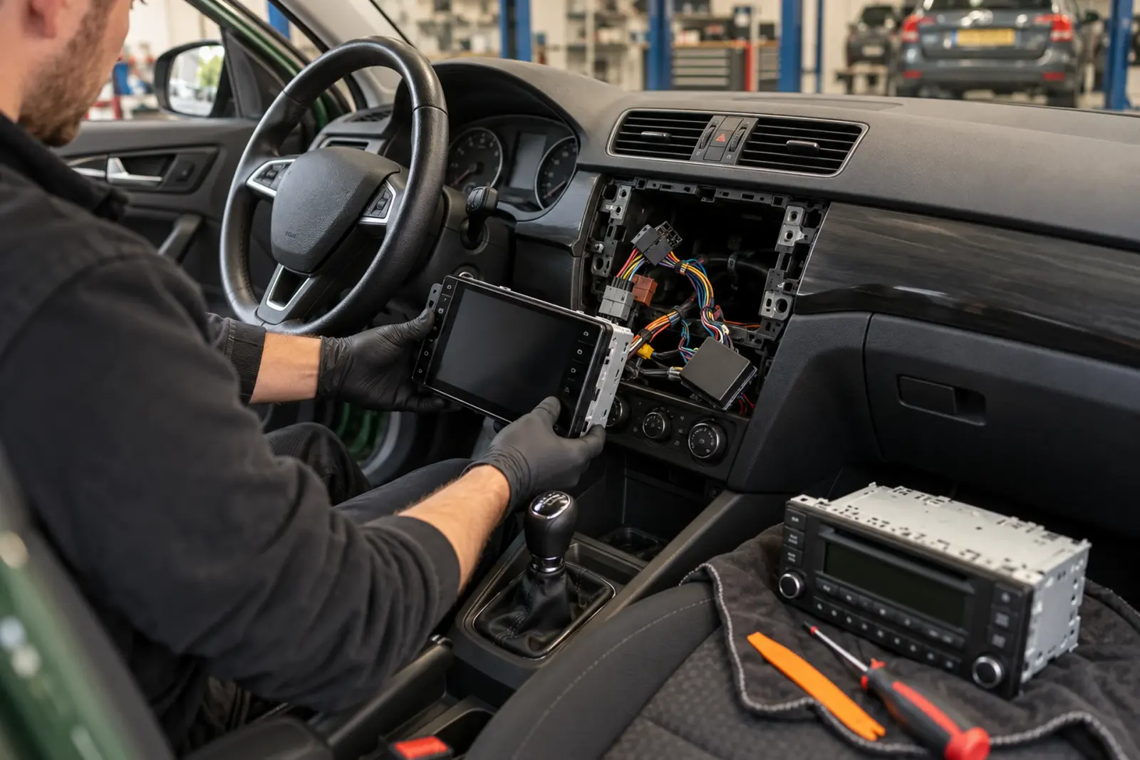 Android Auto inbouwen in de werkplaats: monteur houdt het nieuwe scherm voor de open radio-opening met kabelboom, de oude radio ligt op de stoel