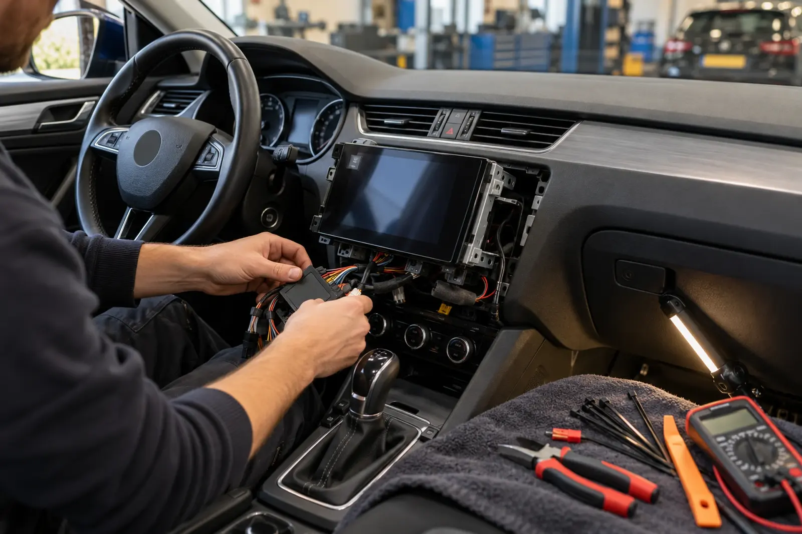 Monteur sluit een interface met kabelboom aan achter het Android Auto scherm, met multimeter en tiewraps op de stoel