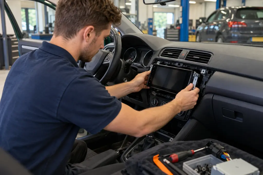 Monteur schuift een Android Auto scherm in het dashboard in de werkplaats van een inbouwpartner