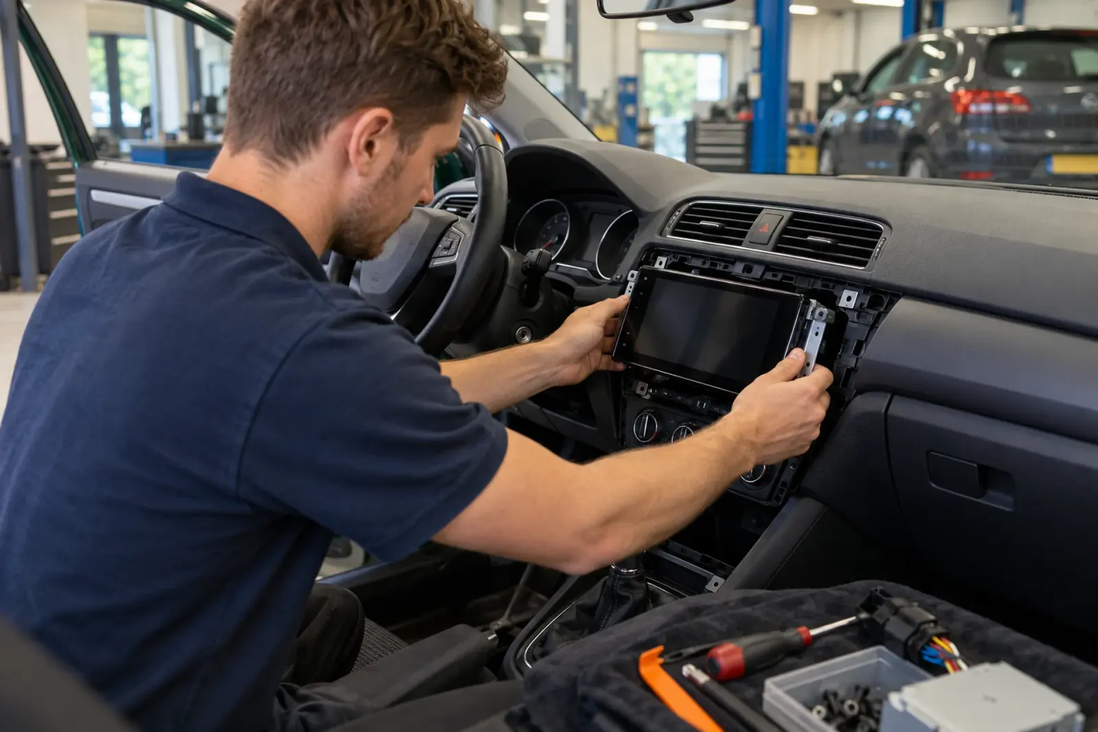 Android Auto inbouwen in de buurt: monteur schuift een nieuw scherm in het dashboard in de werkplaats van een inbouwpartner
