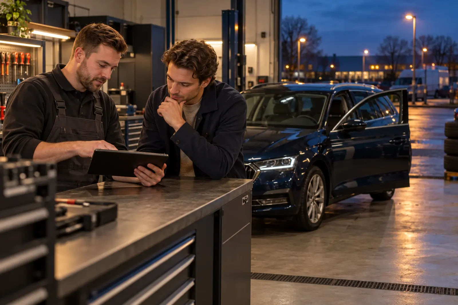 Monteur bespreekt de offerte voor Android Auto op een tablet met een klant in de werkplaats, de auto staat ernaast
