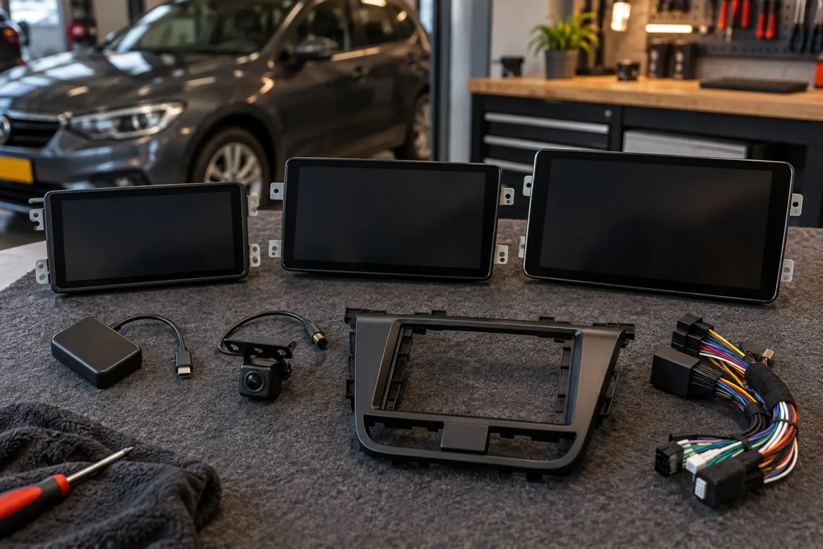 Wat Android Auto inbouwen kosten bepaalt: drie schermen in verschillende maten op de werkbank met dongle, achteruitrijcamera, inbouwframe en kabelboom