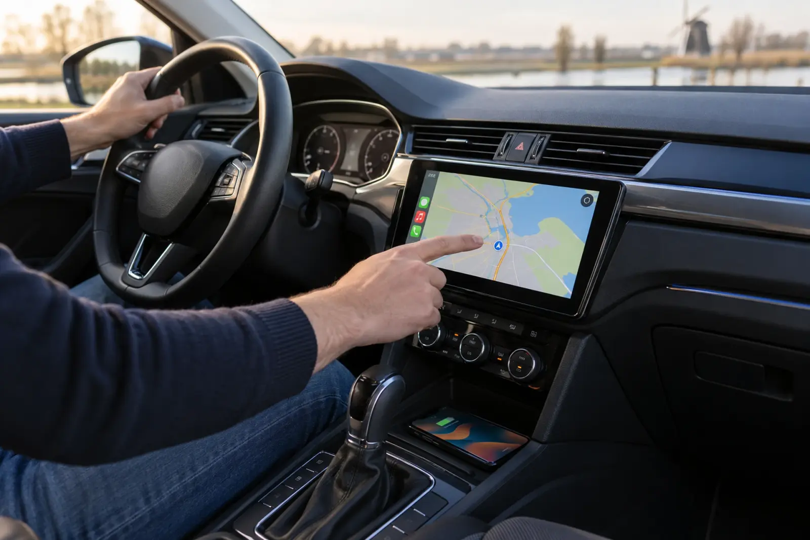 Vinger tikt op de navigatiekaart van een ingebouwd Android Auto scherm in het dashboard