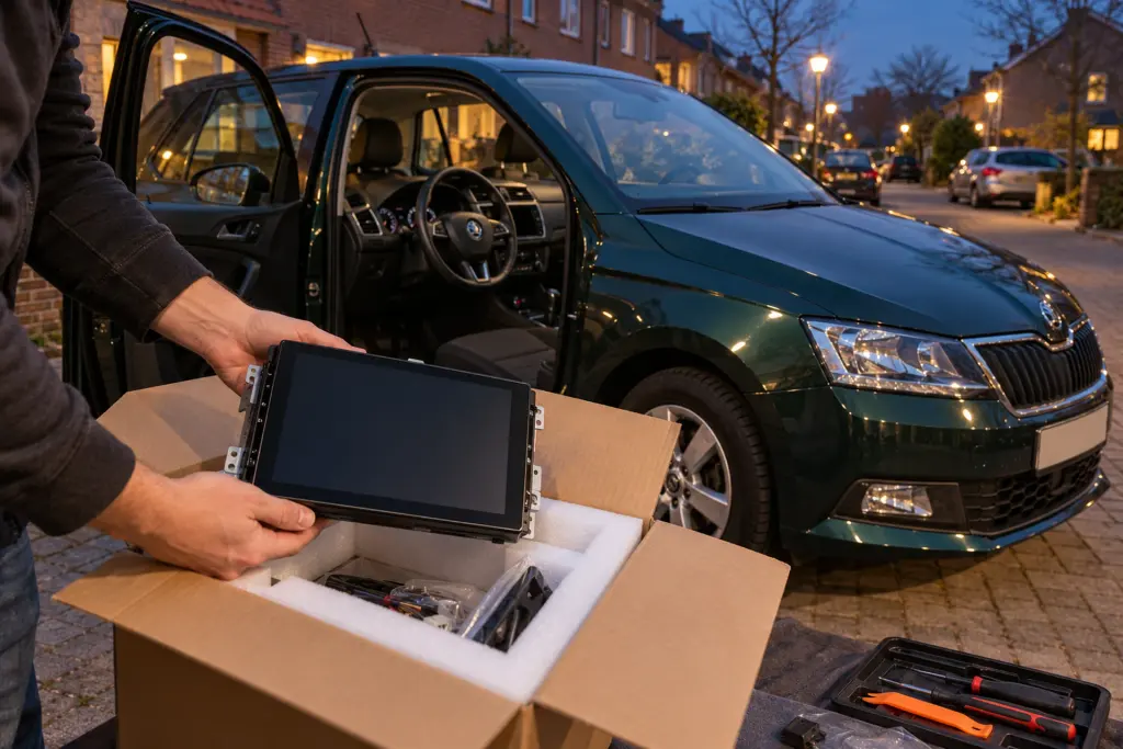 Nieuw Android Auto scherm wordt uit de doos gehaald naast een geparkeerde auto met open portieren
