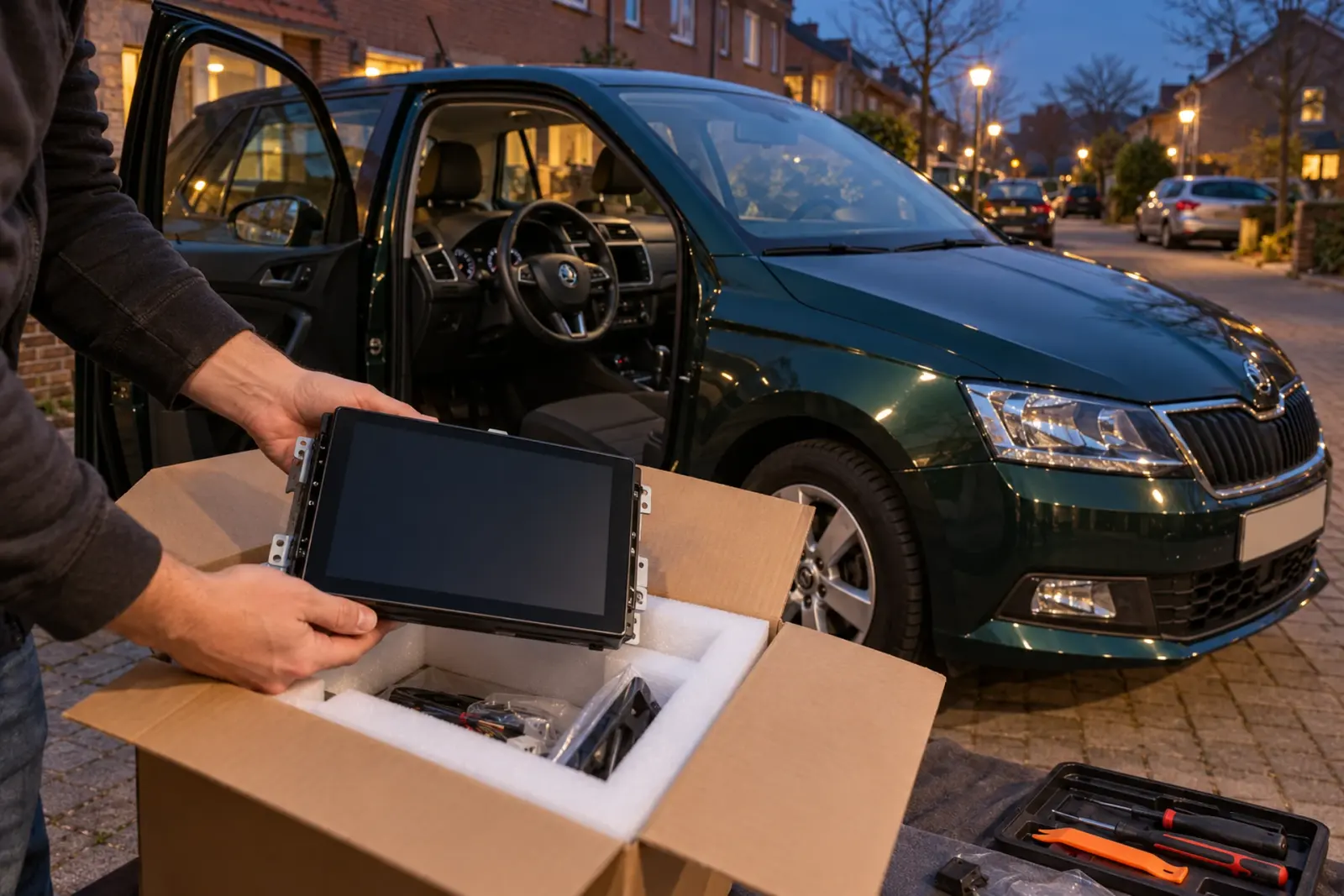Nieuw Android Auto scherm wordt uit de verpakking gehaald naast een geparkeerde auto met open portieren, gereedschap ligt klaar